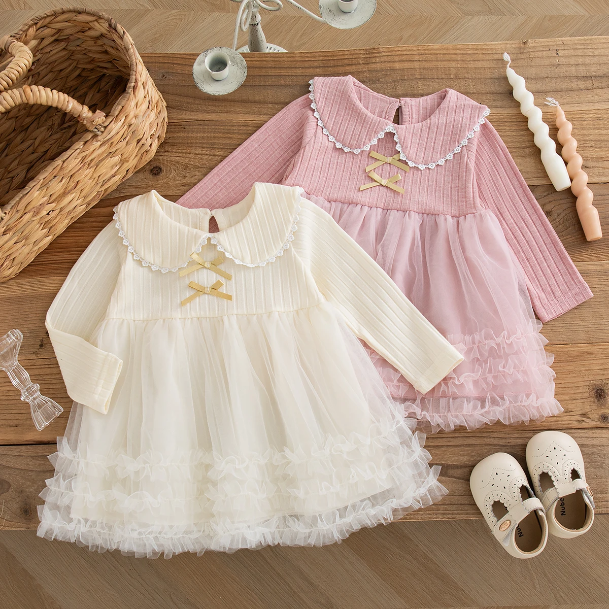 Fall Long Sleeve Solid Color Lapel Birthday Party Baby Girl Fairy Baptism Dress Korean Style Sweet Cotton Princess Toddler Dress