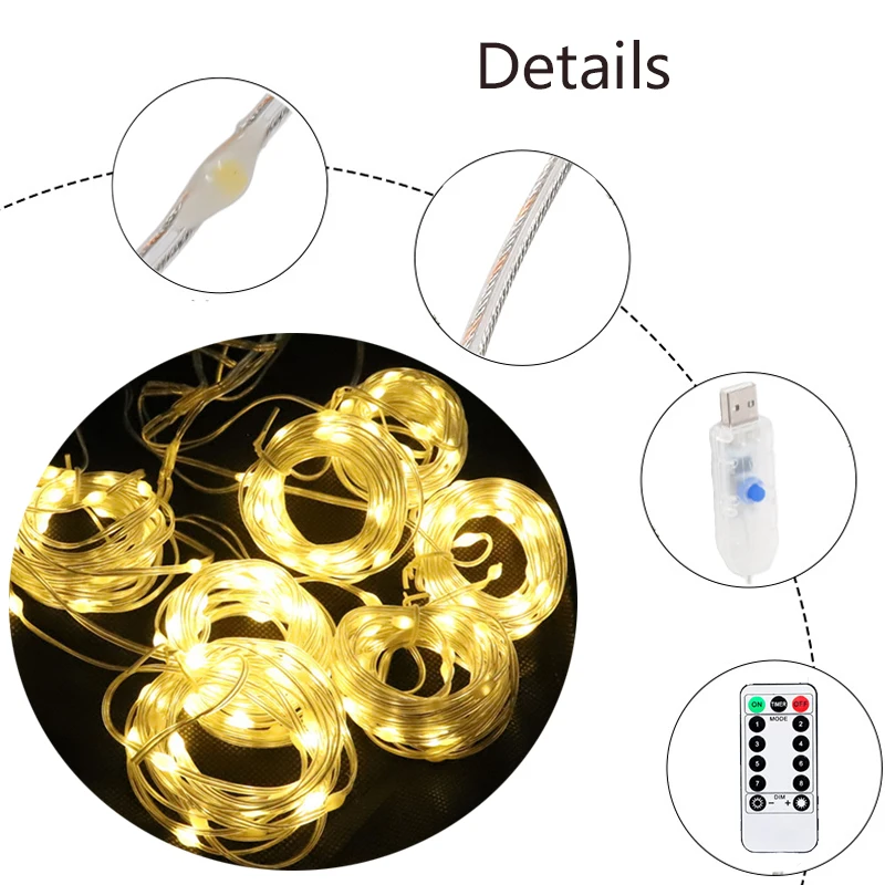 Cortina LED String Lights, Natal Fairy Garland, 8 Modes Flash, Decoração de iluminação de janela do quarto