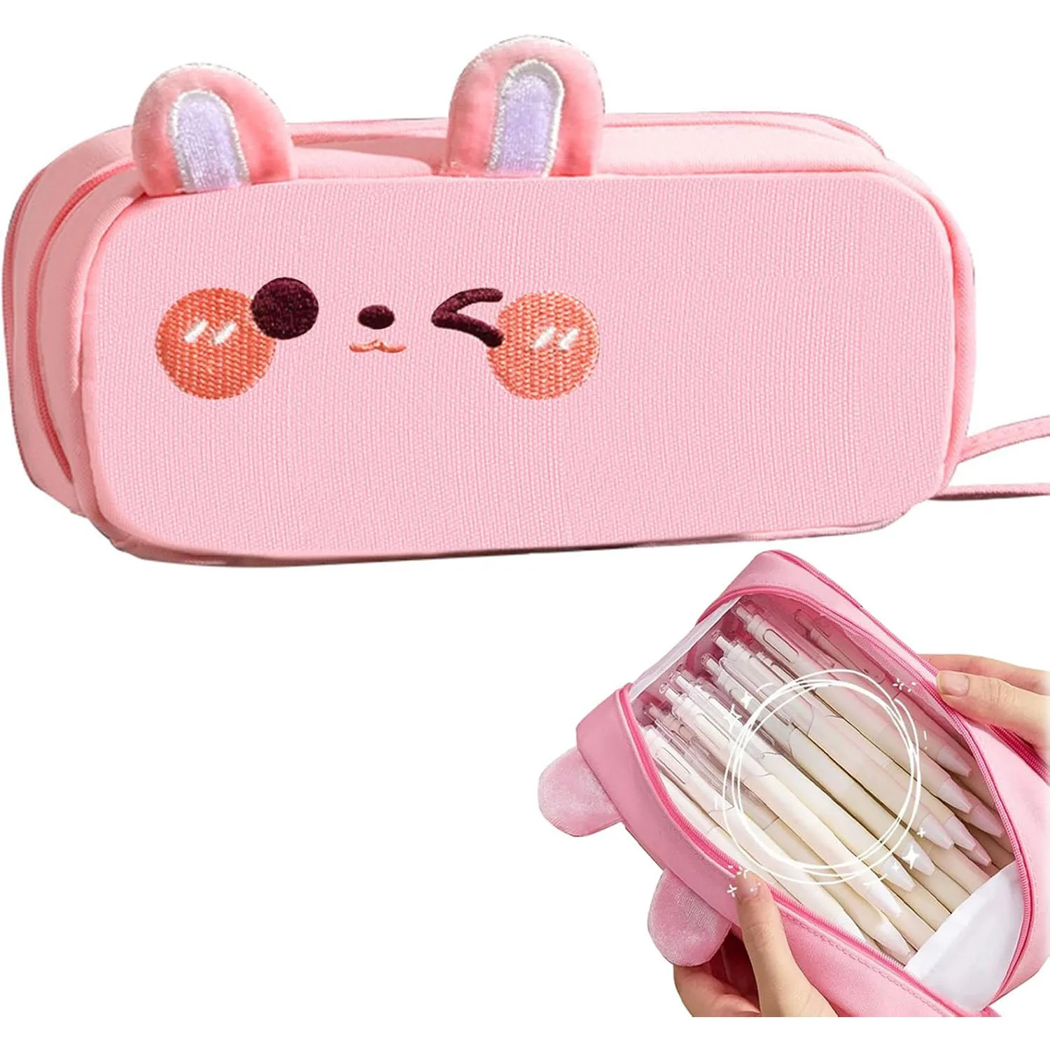 Pink Kawaii Pencil Case for Girls Cute Rabit Design Portable Pencil Bag Simple Stationery School Supplies Bag for Kids Teens