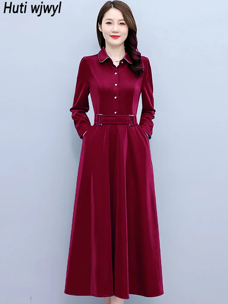 Autumn Winter Long Sleeve Korean Midi Dress 2024 Elegant Polo Collar Office Lady Dress Women Elegant Bodycon Party Night Vestido