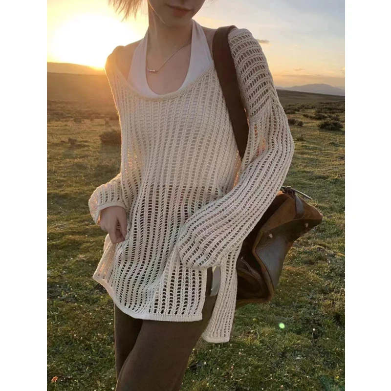 

Women's Summer Thin Long Sleeve Knitted Shirt Hollow out Loose Fit Air Conditioning Top Premium Quality Long Sleeve Knitwear