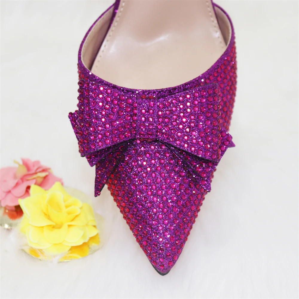 2023 New Arrivals Special Design Purple Color African Women Shoes and Bag Set Pointed Toe Pumps for Wedding Party