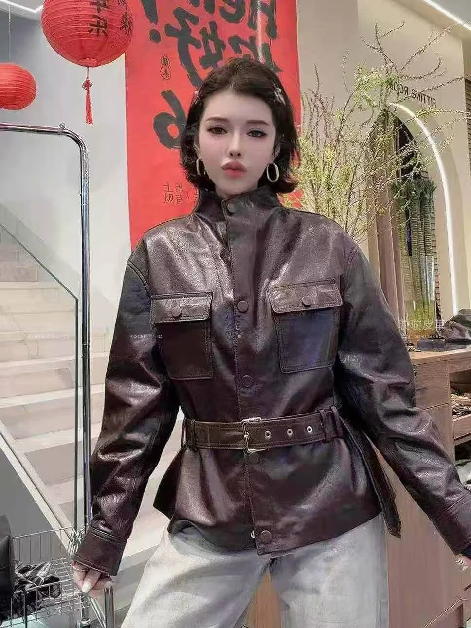 

Ning 2026 New Sle Women's Leather Jaet eepskin Coat Luxury Sensation Slim Fit Long Sve Zipper Closure