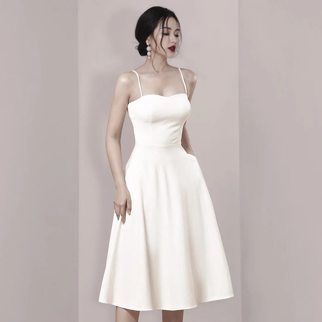 

Retro Hepburn Sle White Strapl Dr Women's Summer Vaion Long Skirt High Waist No Sve Formal Evening Gown