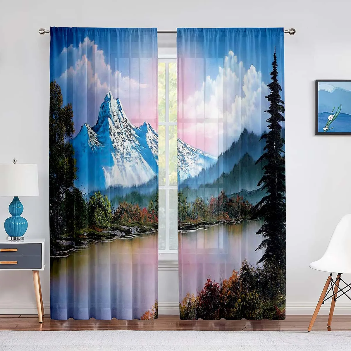 Mountain Forest River Painting Art Curtains for Living Room Bedroom Decor Transparent cortinas Window Curtain 2panels Rod Pocket