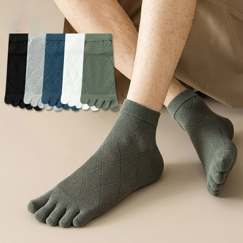 Summer Men's Five Toe Socks Solid Color Diamond Patterned Short Socks Mesh Breathable Toe Socks Five Toed Split Toe Men's Socks