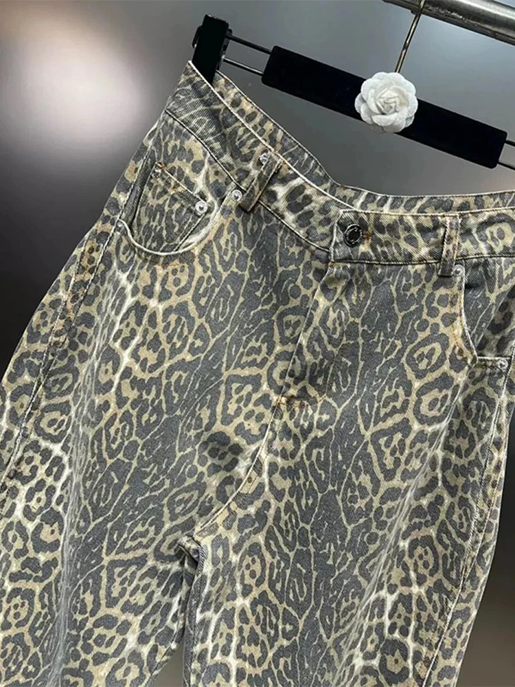 HOUZHOU-Jeans leopardo feminino, calças jeans, grandes, calças de perna larga, streetwear, hip-hop, roupas vintage, solto, casual