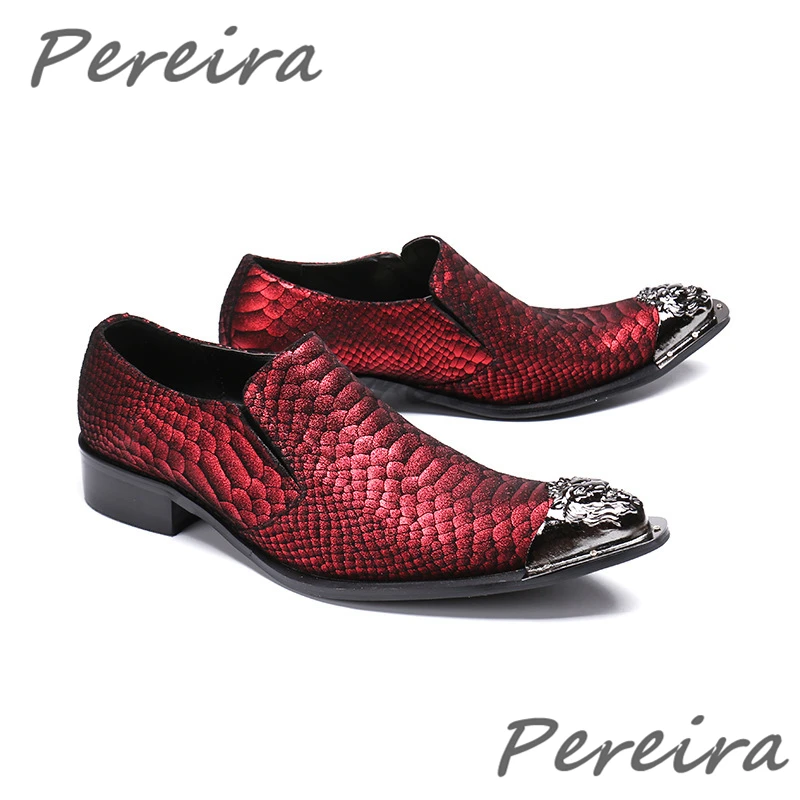 

Luxury Red Genuine Leather Men's Wedding Shoes Fashion Iron Toe Slip-On Loafers Trendy Party Banquet Business Dress Shoes