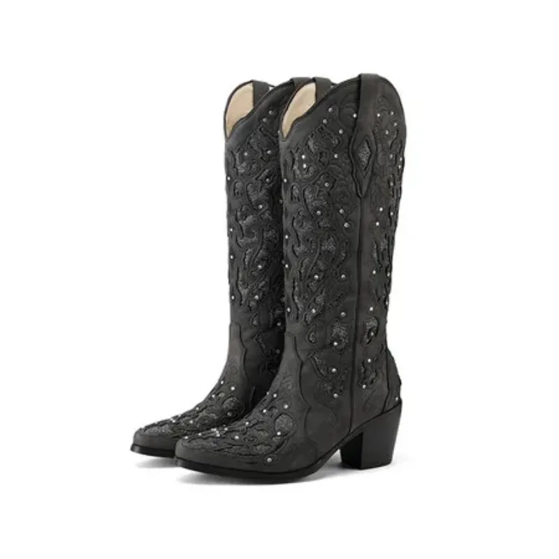 Bling Crystals Retro Western Cowboy Knee-high Boots for Women 2025 Sewing Floral Cowgirl Shoes Boots
