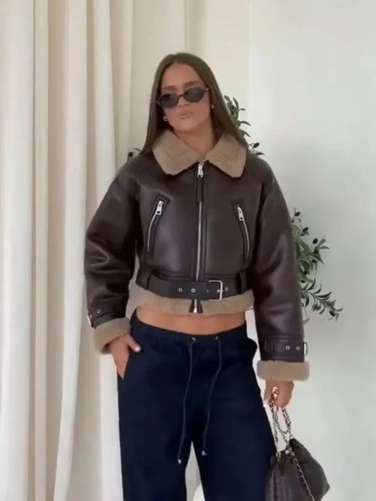 HH Moda Feminina Mangas Compridas Jaqueta High Street Slim Casacos Curtos Mulheres Casual Lapela Zíper Bolso Cintura Decoração Jaqueta