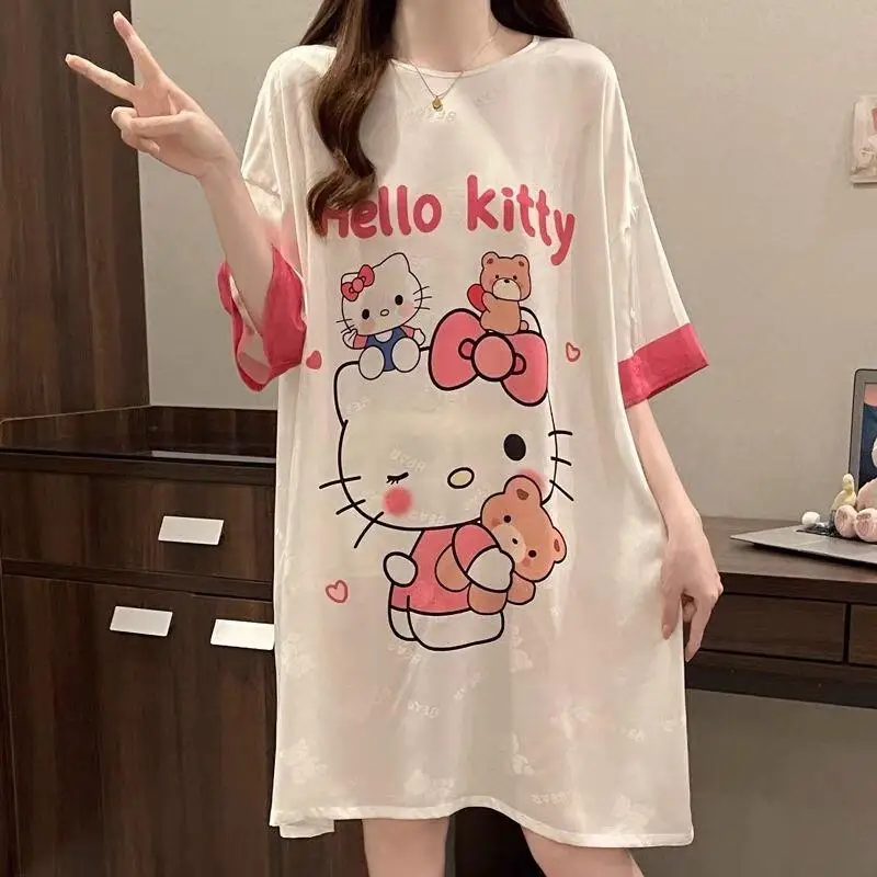 

Пижамное платье Sanrio Hello Kitty из ледяного шелка, женская ночная рубашка, одежда для сна с короткими рукавами, длинные платья, пижама, летняя одежда, домашняя одежда