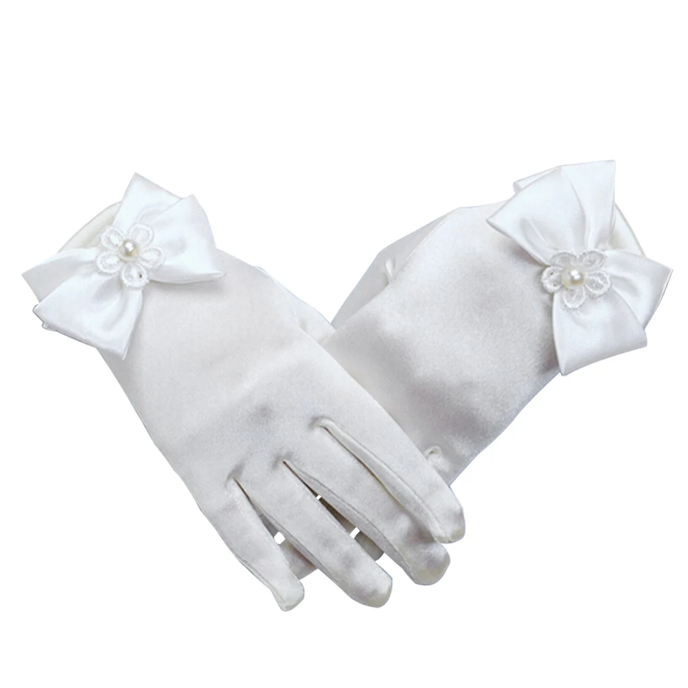 

Dress Gloves for Kids Short Wrist Bow Tie Flower Lace Girls White Beige Child Wedding Party Prom Opera Event Accessories