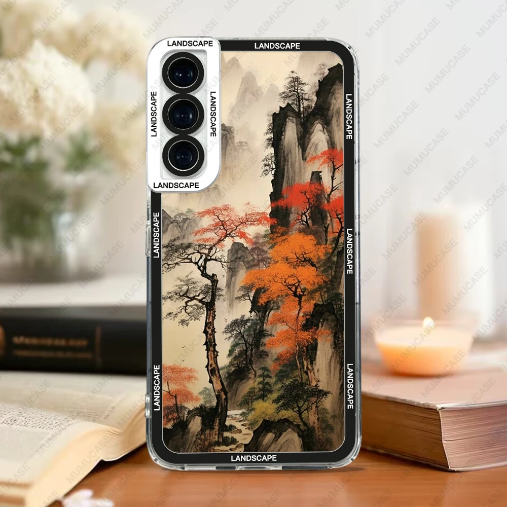 Case For Samsung Galaxy S20 S21 FE S22 S23 S24 Ultra  A32 A33 A50 A52 A53 A73 A54 A15 Soft Cover Ink and wash landscape painting