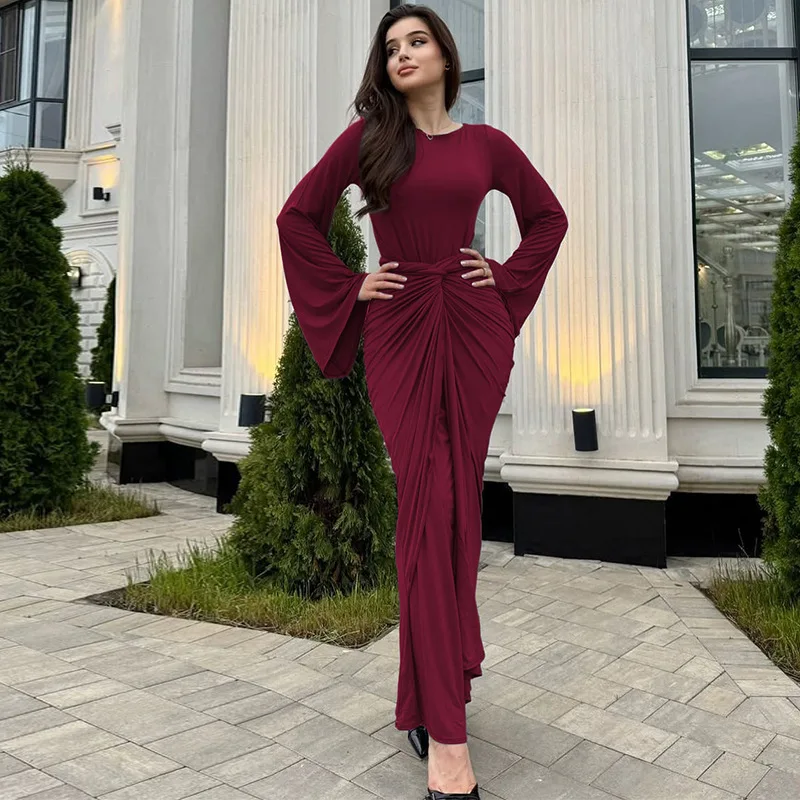 Blifanbo Herbst Elegante Geraffte Maxi Kleid Für Frauen Lace-up Langarm O Neck Bodycon Langes Kleid Schlank Neue fashion Solid Vestido