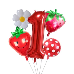 Juego de globos para fiesta de primer cumpleaños, Set de 5 piezas de bayas, 32 pulgadas, número rojo, dulces, una fresa, decoraciones para fiesta de cumpleaños