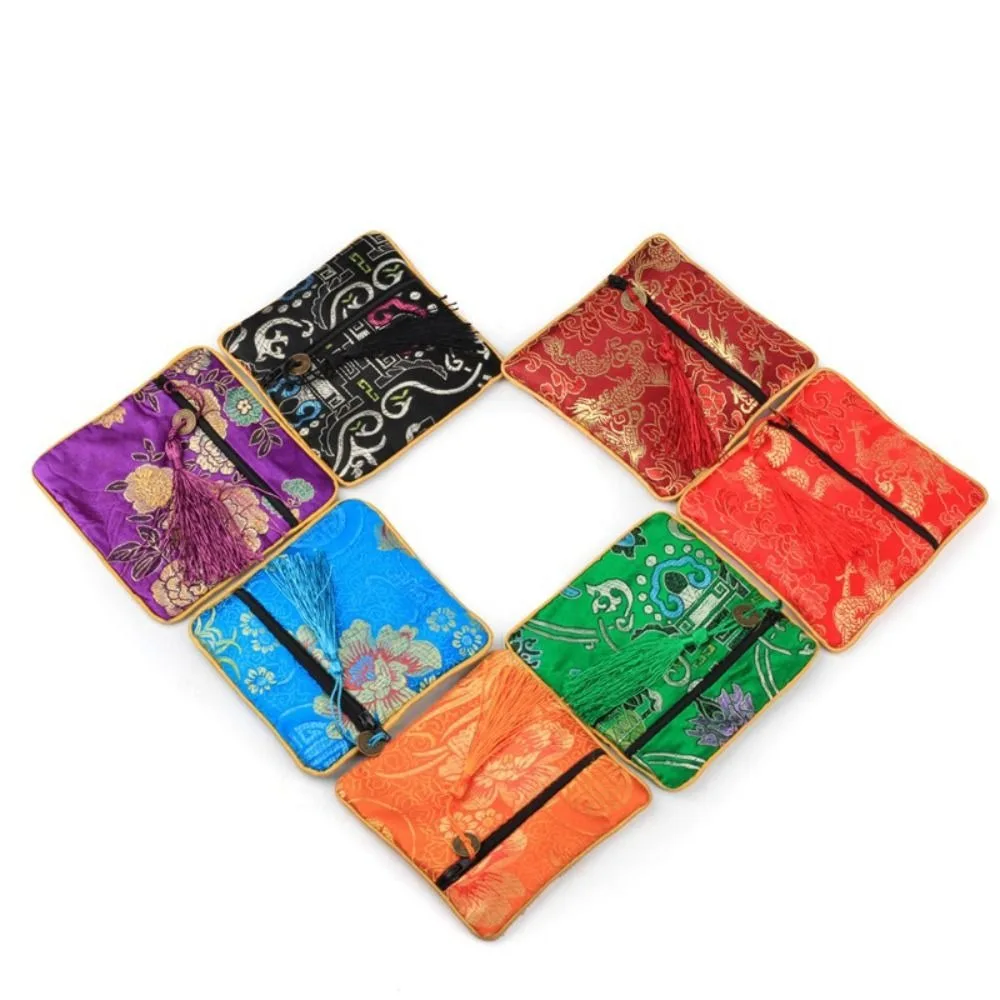 Tassel Mini Embroidery Canvas Coin Purse Copper Cash Pendant Square Flower Jewelry Packing Bag Dragon Large Capacity