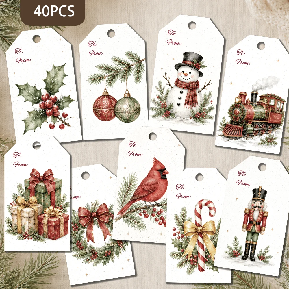 40pcs,Classic Christmas Watercolor Decorative Tags, Holiday Gift Labels, Party Decoration, Handmade Packaging Accents, Jute Rope