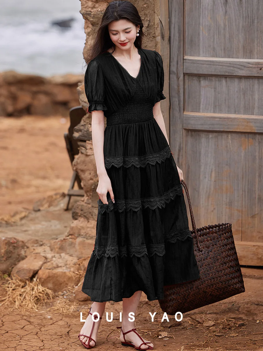 Louis yao 2025 vestido de retalhos de renda com camada de bolo com temperamento elegante decote em v elástico fino ajuste saia longa para mulheres