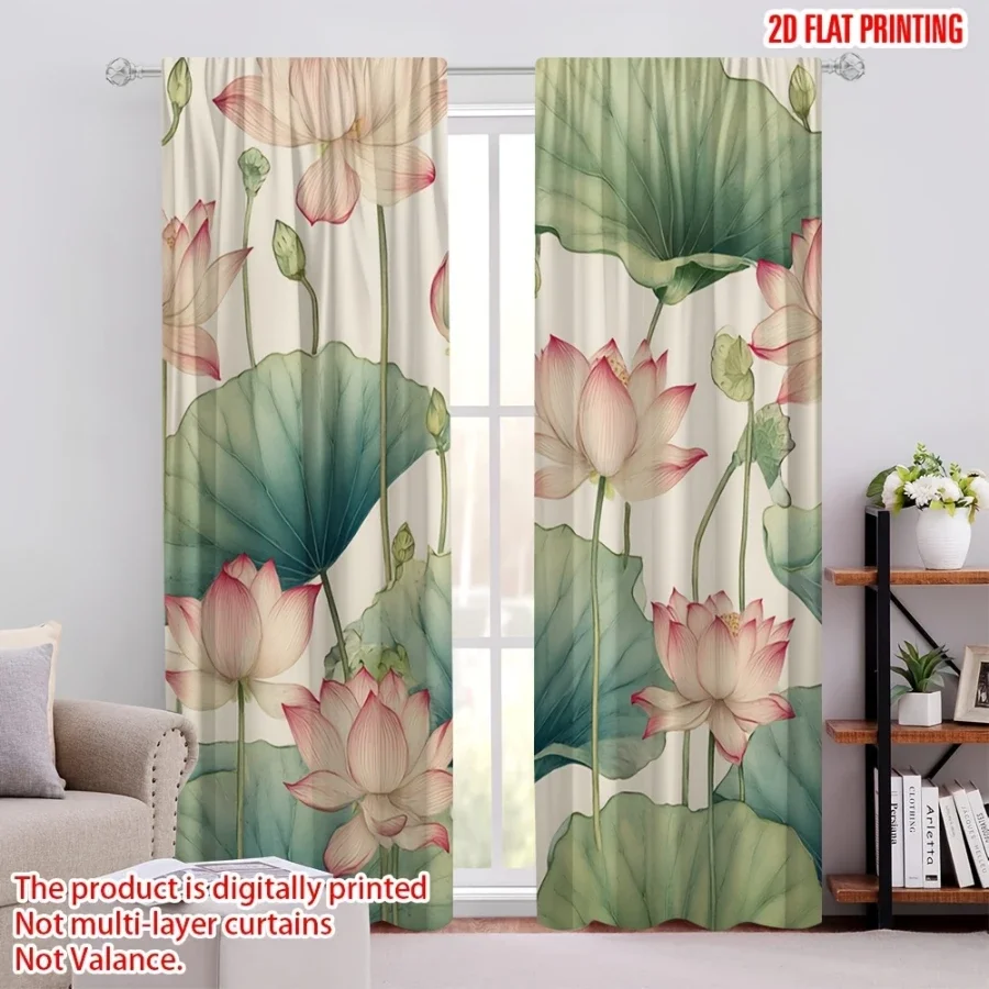 Digital Printed Curtains, Lotus Wind Clear Charm Pattern, Beautiful Window Drapes for Living Room Bedroom Home Decor