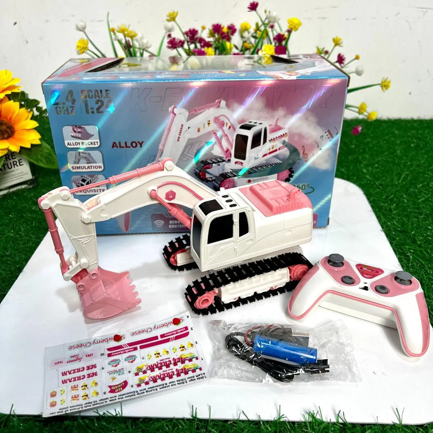 RC Excavator 1/24 Pink Remote Control Digger Construction Truck  Alloy Shovel 2.4G 360° Rotation Birthday Xmas Gift for Girl