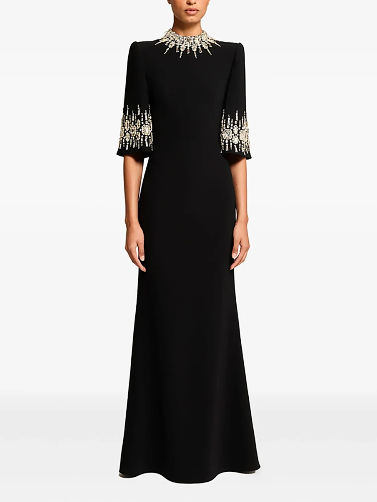 

Sexy O Neck Luxury Diamonds Beaded Maxi Dress Women Black Half Sleeves Shiny Crystal Slim Dresses Evening Party Gowns