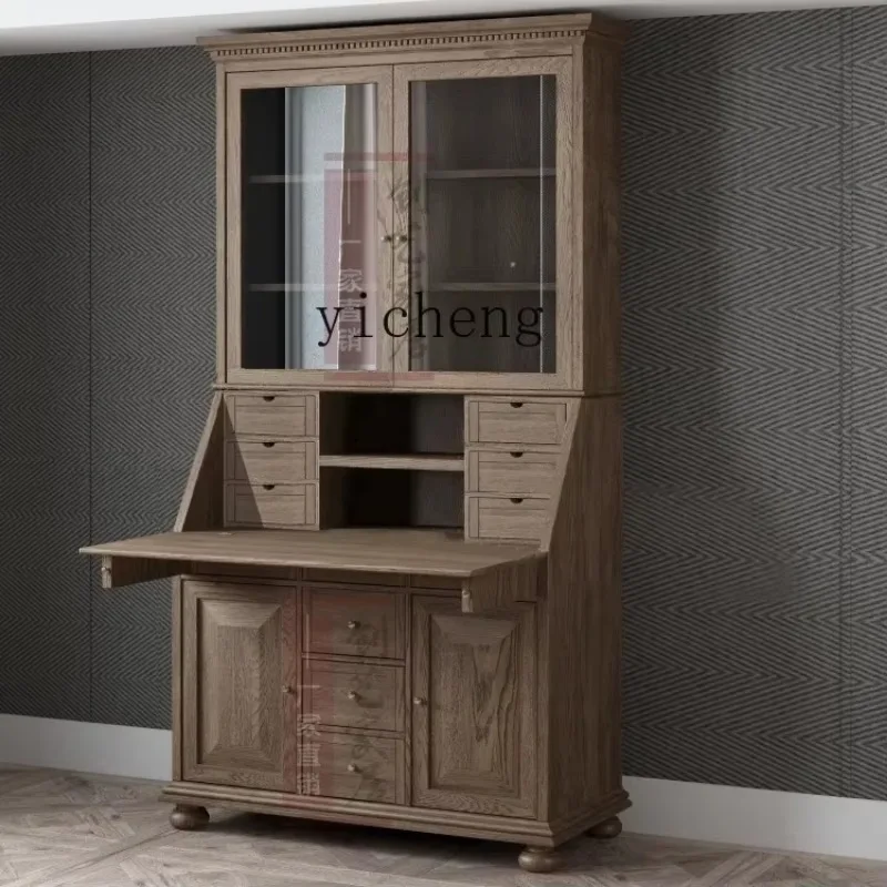 Solid Wood Desk Combined Bookcase Retractable Storage Multifunctional Flip Desk