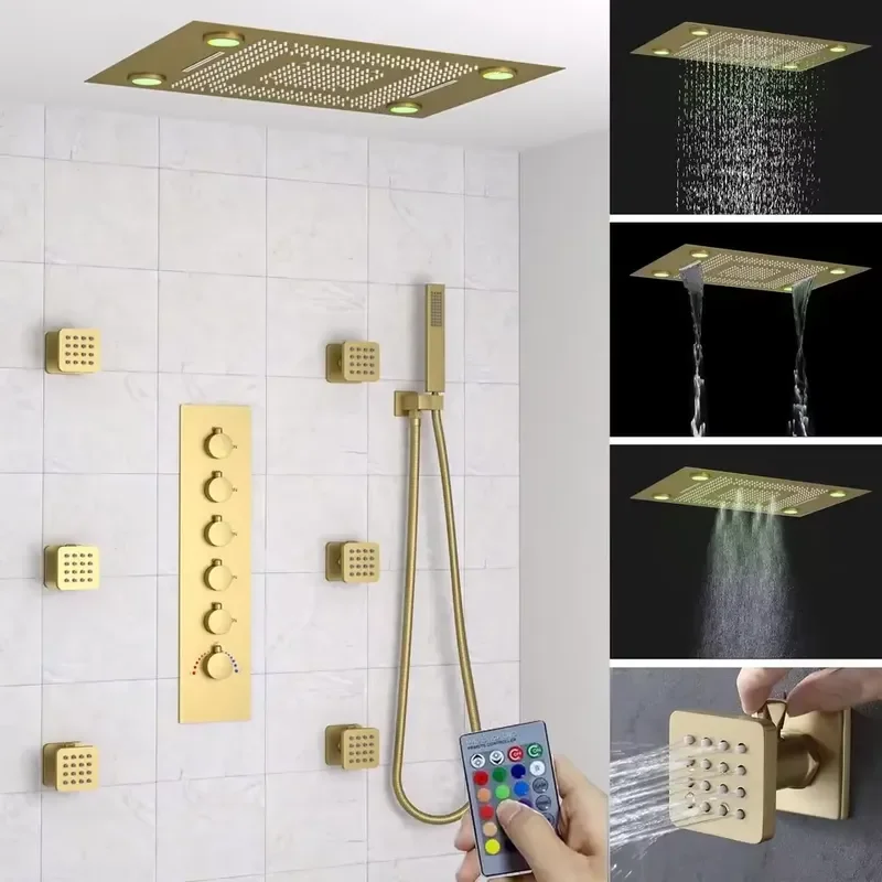 Large 23x31inches 7Colors LED Thermostatic Modern Brass Bathroom Shower System Set Brushed Gold Multi Function Jet Rain
