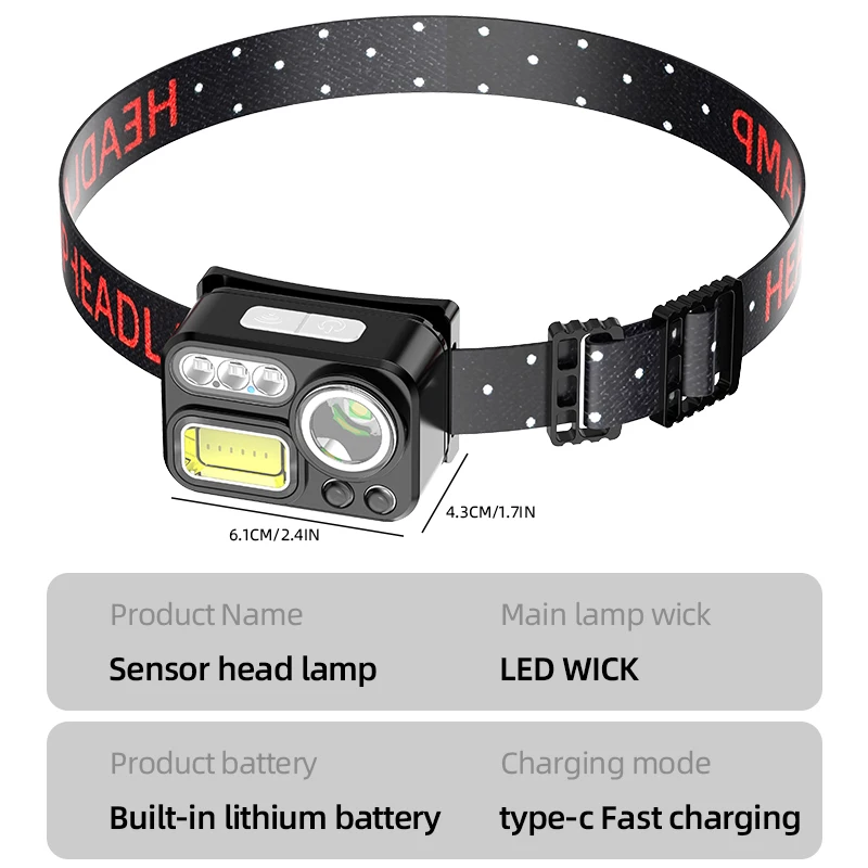 Multi-light-source LED headlamp induction lamp beads can be switched to support TYPE-C charging.
