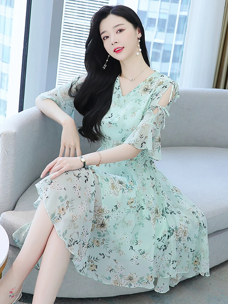 Women Floral Chiffon Butterfly Sleeve Chic Sexy Midi Dress Summer Casual Boho Beach Dress 2024 Elegant Bodycon Party Prom Dress