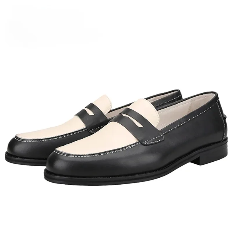 

Finest Calfskin Handmade Men's Penny Loafers Classic Black White Mix Colors Slip-On Moccasin For Party And Wedding