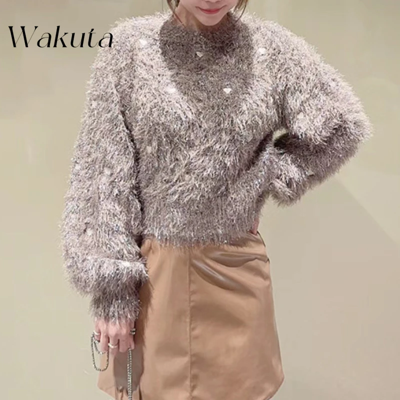 WAKUTA Autumn Japanese Sweet Round Neck Long Sleeves Knit Jumpers Cute Bright Silk Plush Love Print Embroidery Sweaters Свитер