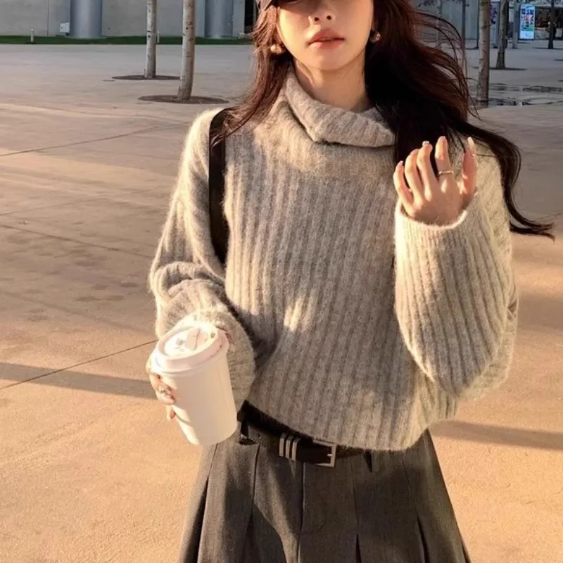 Women Turtleneck Ribbed Knit Sweater 2026 Autumn Winter New Korean Style Pullover Short Slim Fit Basic Inner Casual Knitted Tops