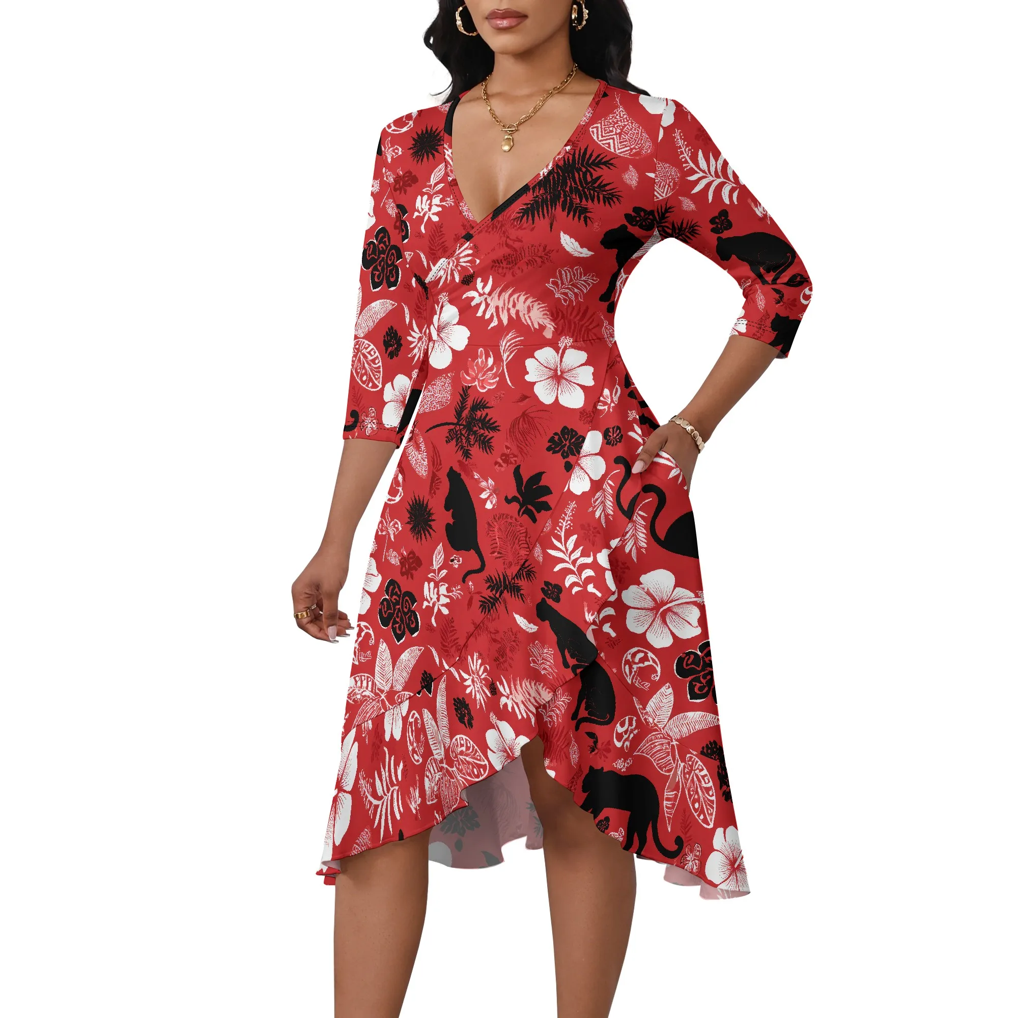

Women Casual Dresses 3/4 Sleeve Floral Print Wrap Sundress Club Party Outfits Plus Size Sexy Midi Dress with Pockets