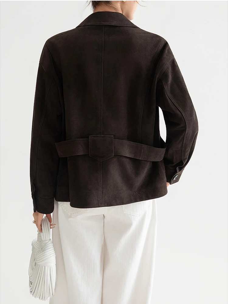 Giacche vintage in vera pelle scamosciata per donna Primavera Autunno 2025 Nuovo cappotto di alta qualità semplice sottile corto in vera pelle di pecora con cintura