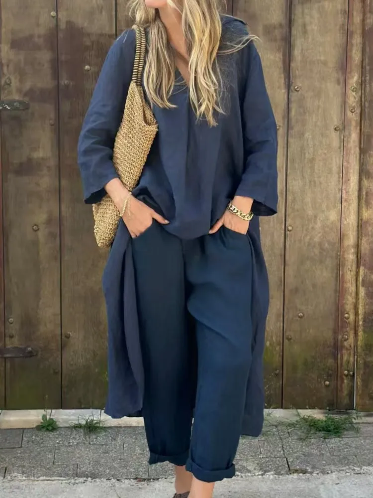 

Женские повседневные свободные комплекты, модный пуловер с длинными рукавами и круглым вырезом + широкие брюки, комплект из 2 предметов для женщин, праздничная одежда