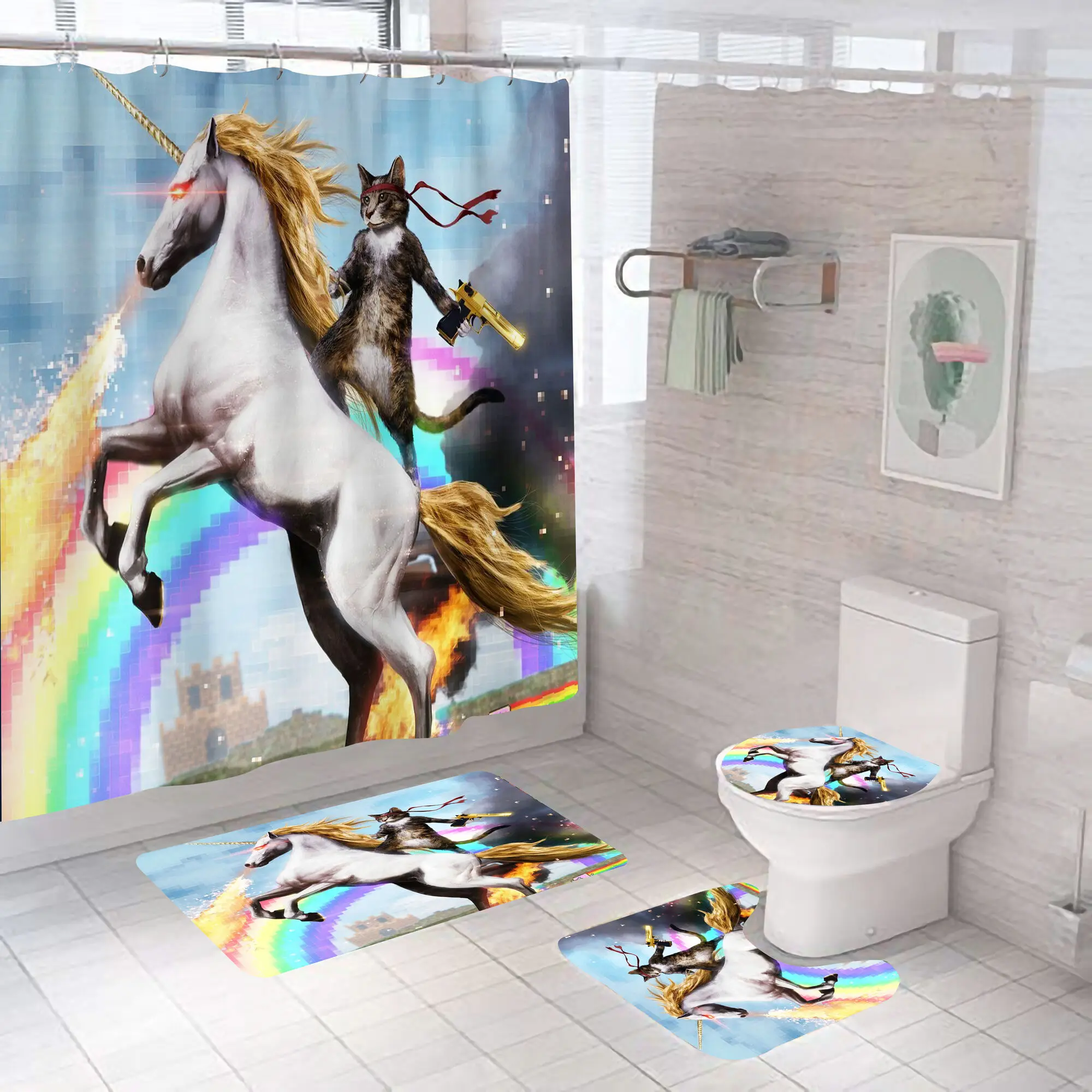 Cartoon Katze Duschvorhang Set Tier Schwarz Wasserdicht Bad Wc Deckel Sitzbezug Bad Rutschfeste Matte Teppich Badezimmer Decot Abdeckung – Detail 14
