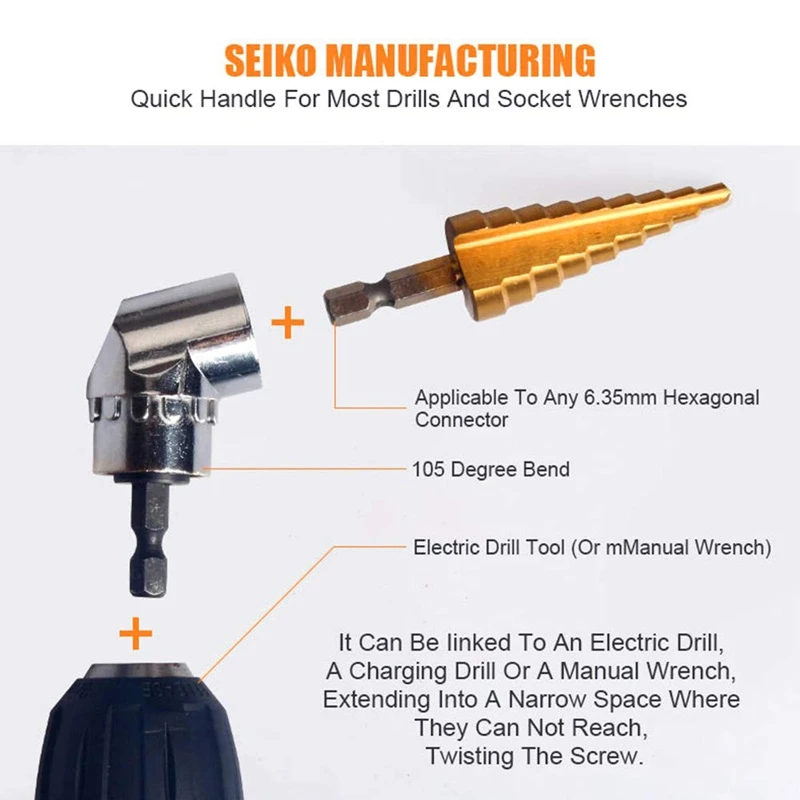 تأثير الصف أدوات يدوية سائق مآخذ محول تمديد مجموعة، 3 قطع عرافة عرقوب الحفر رأس المفك مجموعة بت + 105 درجة الحق أ