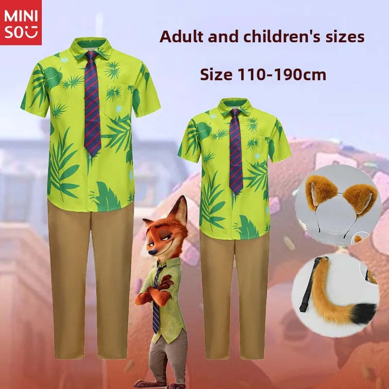 Miniso Zootopia Nick Wilde Cosplay-Kostüm für Kinder und Erwachsene, kurzärmeliges Hemd mit Fuchs-Kopfbedeckung
