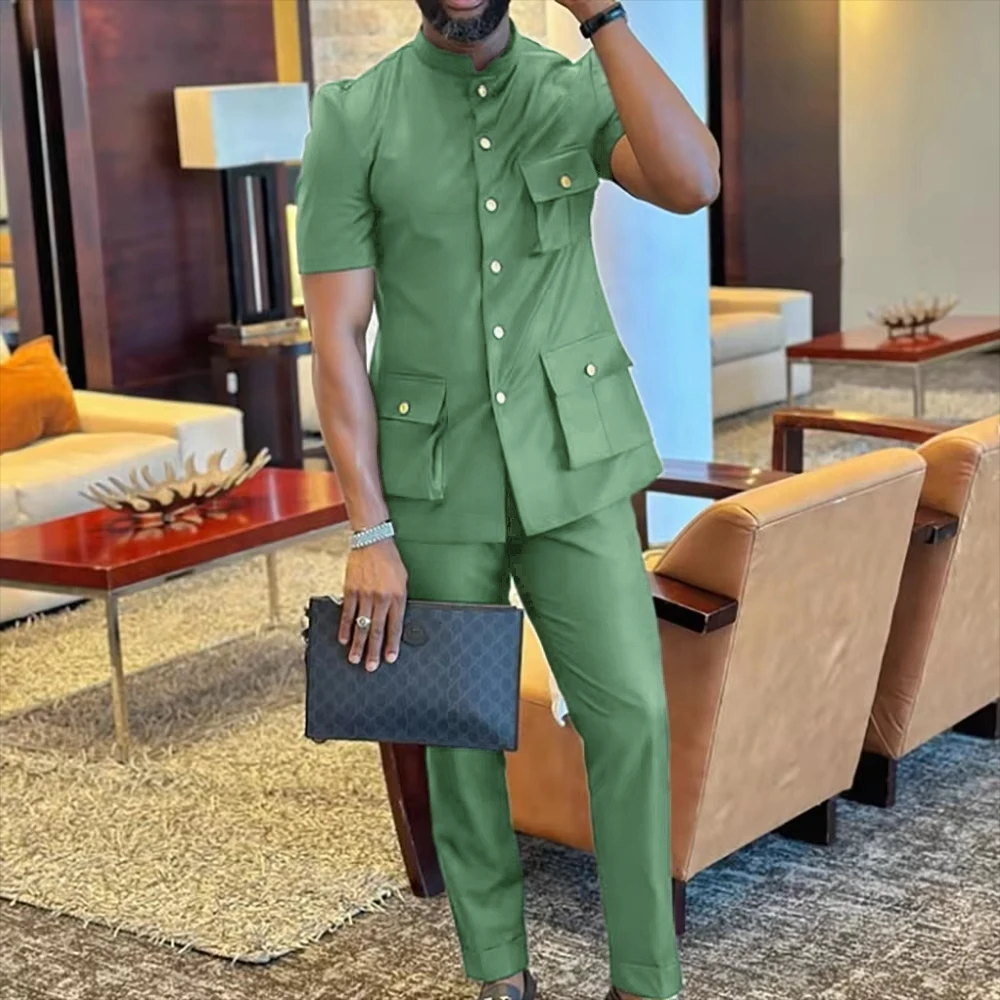 

Мужской костюм Safari с короткими рукавами для деловых встреч, с воротником-стойкой, однобортный пиджак и брюки, приталенный модный костюм