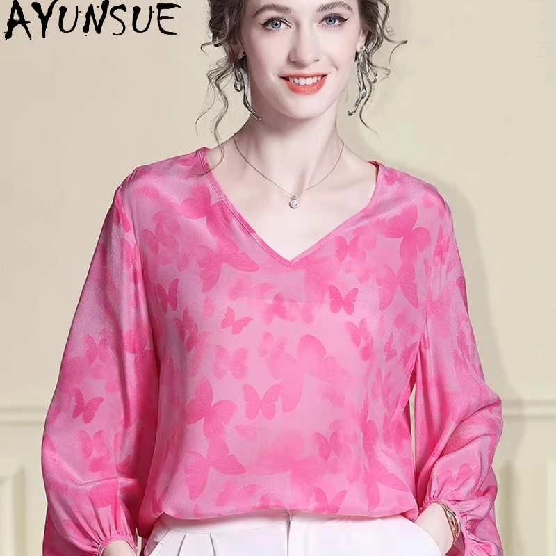 AYUNSUE 100% Real Mulberry Silk T-shirt Elegant Blouse for Women Summer Clothes Long Sleeve Womens Tops and Blouses Топ Женский