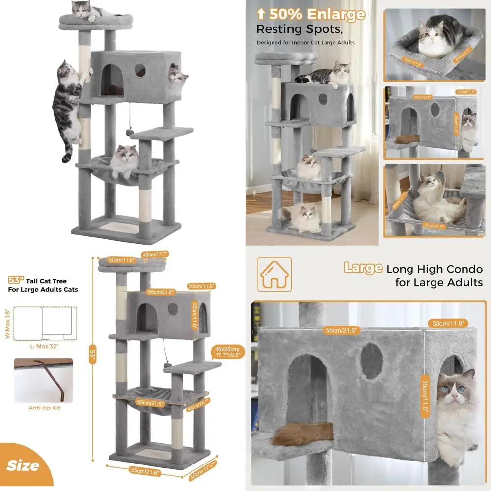 

Extra-Large Gray Cat Tree with Hammock, Scratching Posts, Top Bed, Condo House, and Interactive Ball for Large Cats