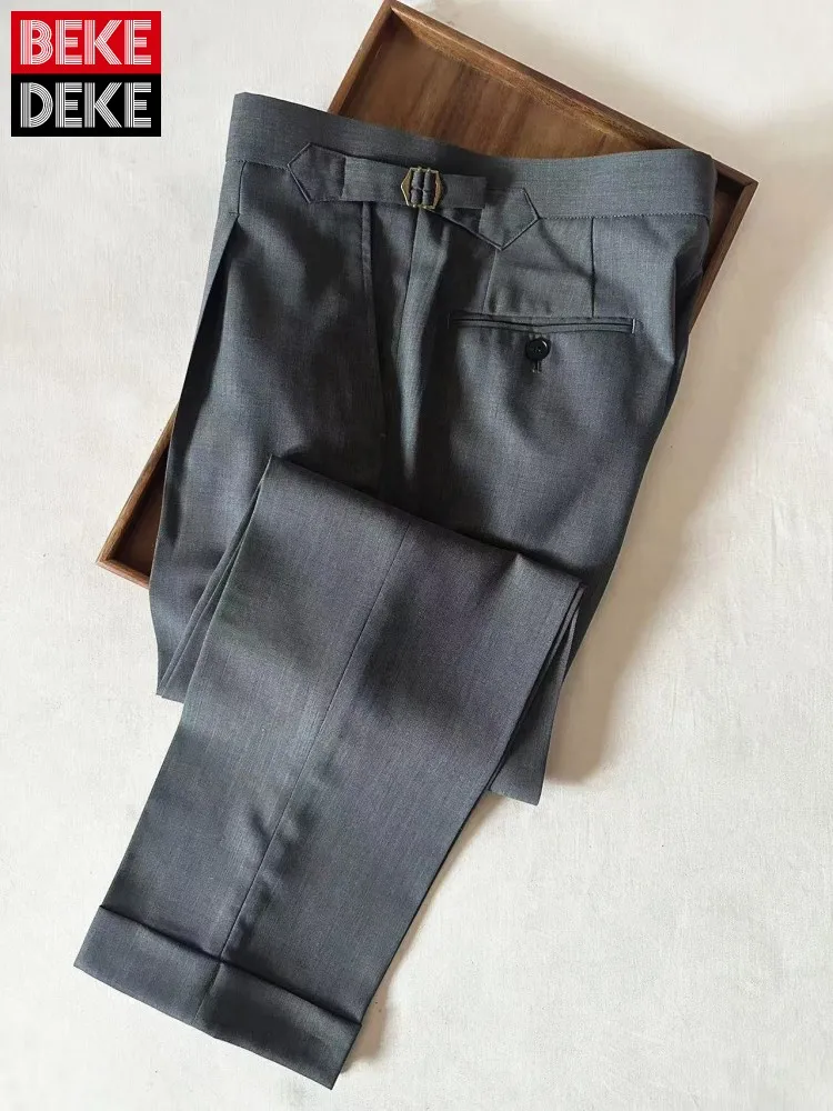 

Весенне-летние классические мужские офисные брюки в винтажном стиле, серые, итальянский стиль, из шерсти и льна, с высокой талией, удобные, прямые, для работы
