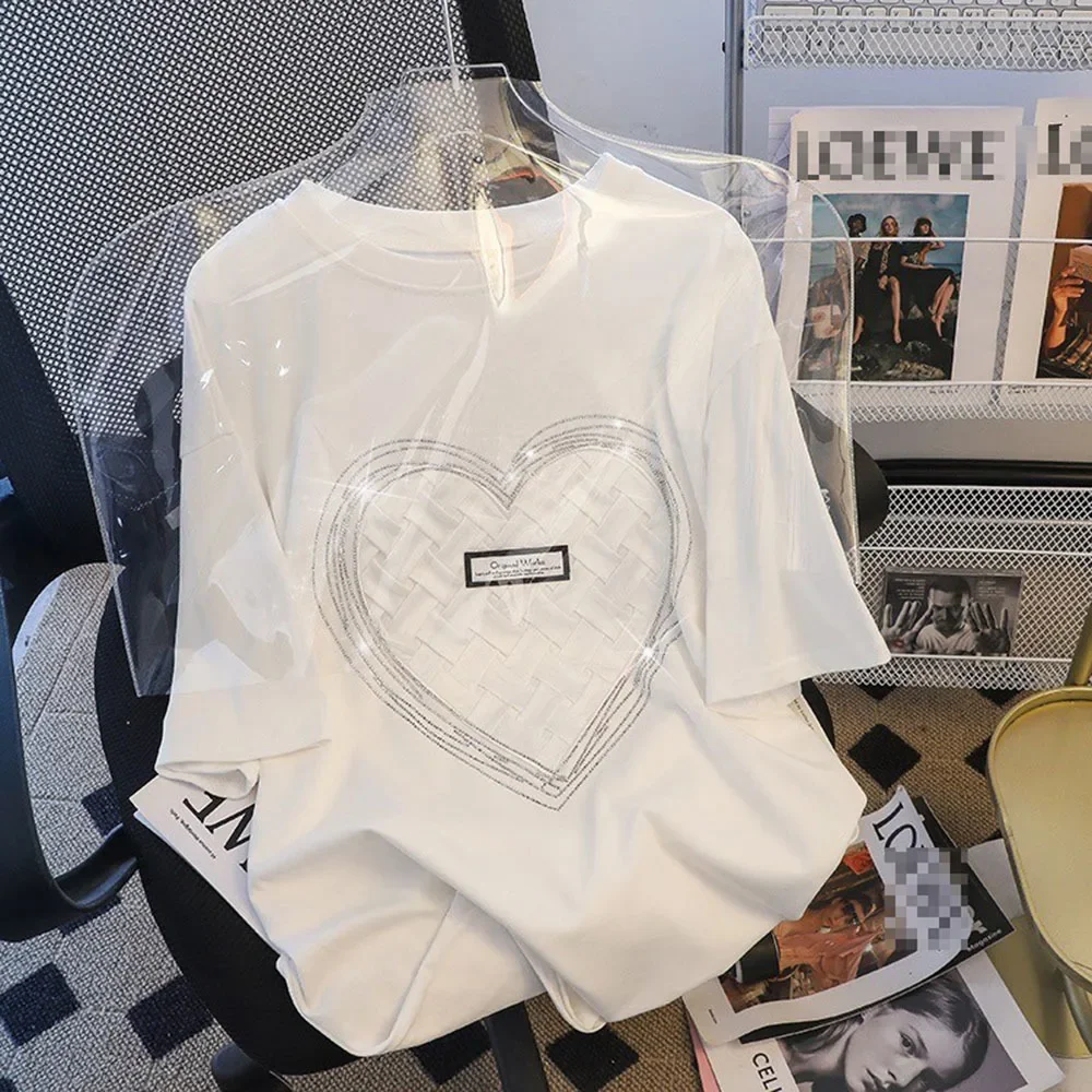 2025 New Short-sleeved T-shirt Women's Hot Drilling Love Heart T shirts Fashion Women Tees Plus size L-4XL 45-150KG