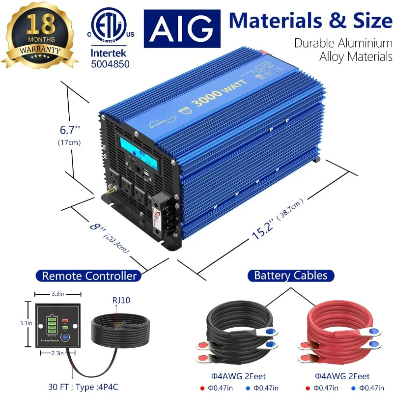 3000W Pure Sine Wave Power Inverter  Compatible with & Lithium Battery for Off-Grid Solar Car RV ，home.