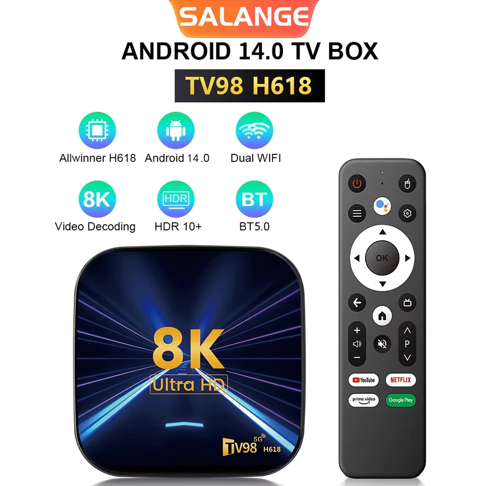 

Salange H618 Smart TV Box Android 14 32GB 64GB Media Player Quad Core 5G Dual Wifi AV1 8K BT5 Wifi6 Voice Assistant Set Top Box