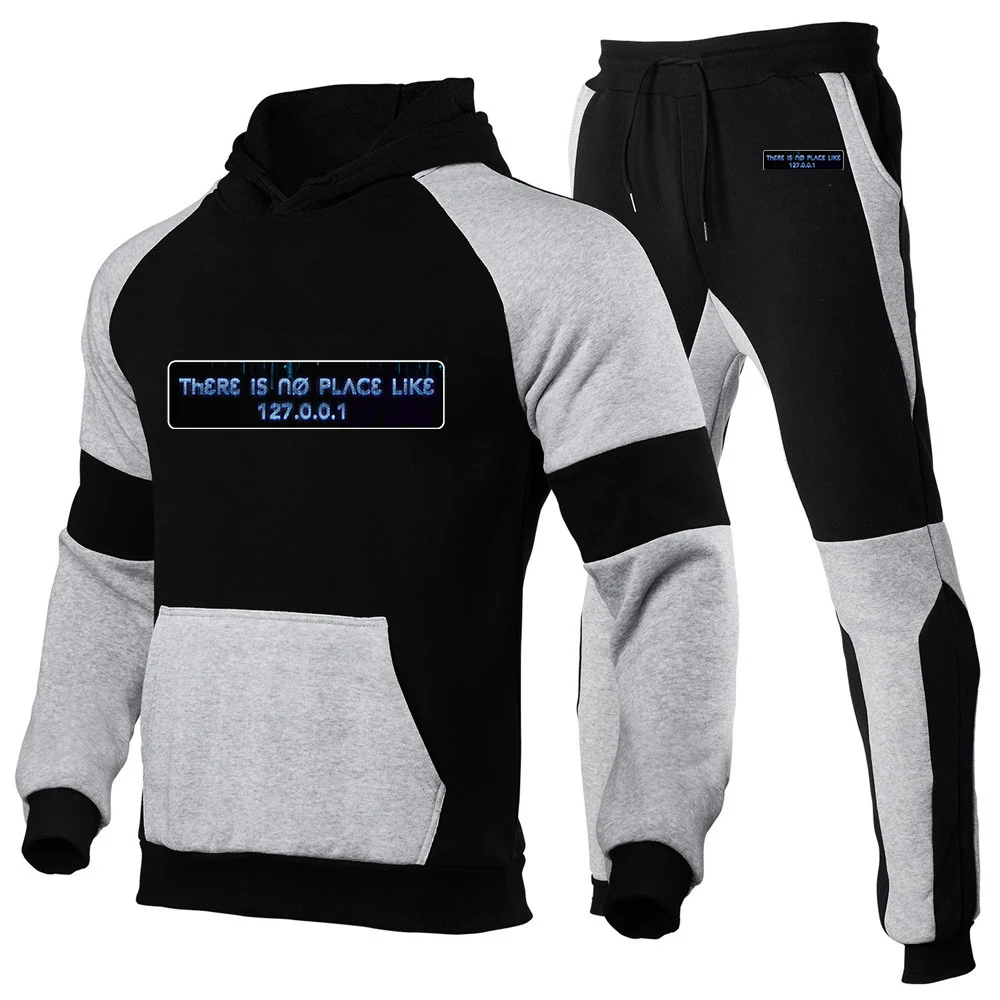 

2025 IP Address Graphic Men Spring Autumn There Is No Place Like 127.0.0.1 Patchwork Pullover+Casual Sweatpants Sports Suit