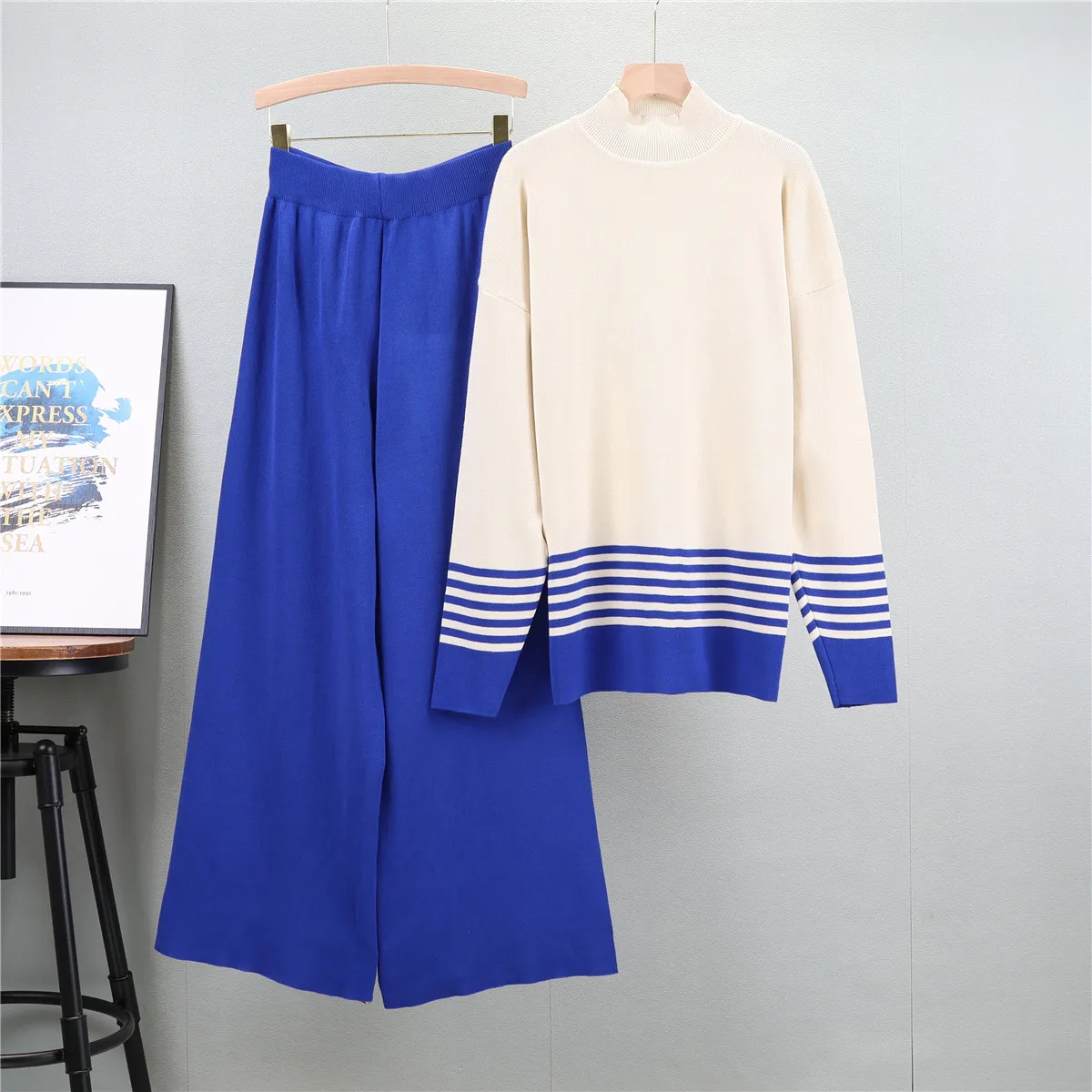 Half High Collar Sweater Set 2024 Spring Autumn New Women Clothes Contrasting Color Splicing Pants 2 Piece Sets Womens Outfits