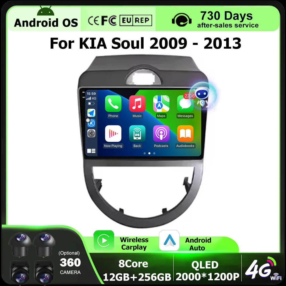 

QLED Car Radio Stereo Multimedia Video Player GPS Navigation For KIA Soul 2009-2013 Android 16 Auto Wireless Carplay BT DSP 9''