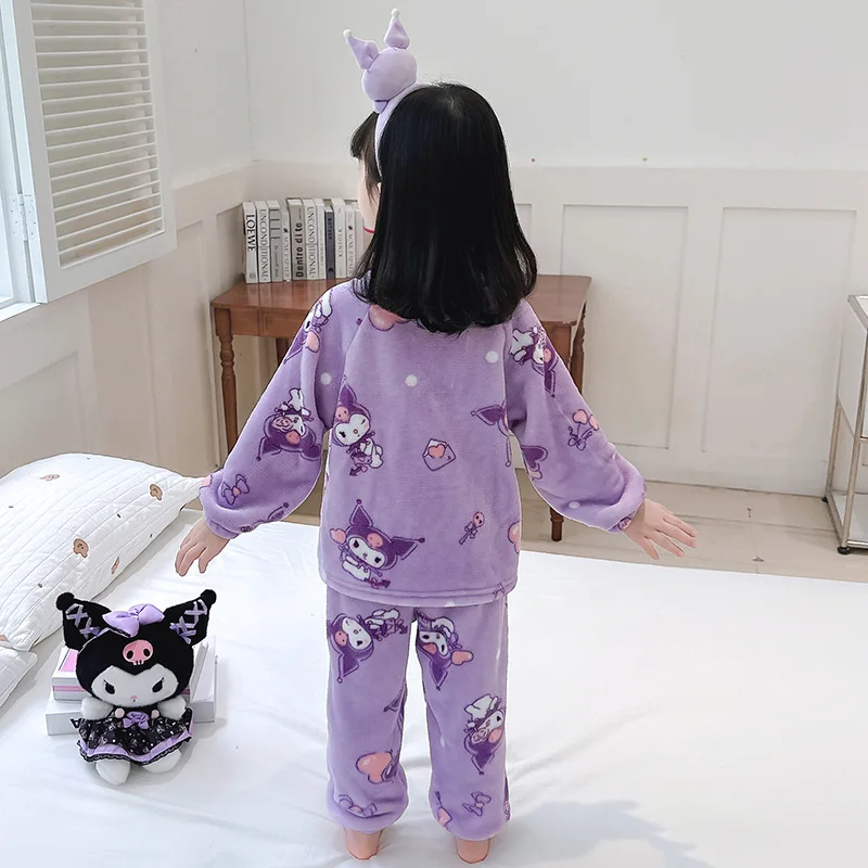 Sanrio Kuromi Anime Cartoon Cute Children's Long Sleeve Pajamas Set Kawaii Velvet Thickened Warm Home Clothes Gift Wholesale