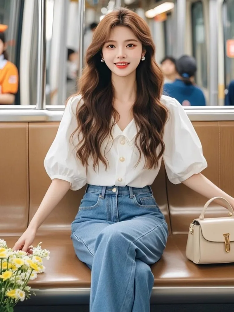 Chemisiers blancs pour femmes, chemises coréennes, mode Slim Fit printemps/été, vêtements de bureau pour dames, couleur unie, manches courtes, hauts pour femmes